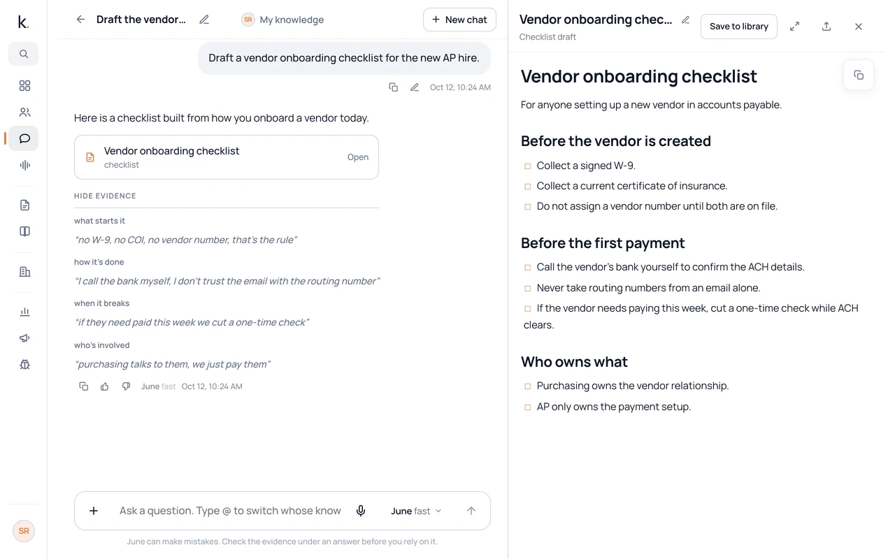 A vendor onboarding checklist drafted in Ask kept from captured work knowledge.