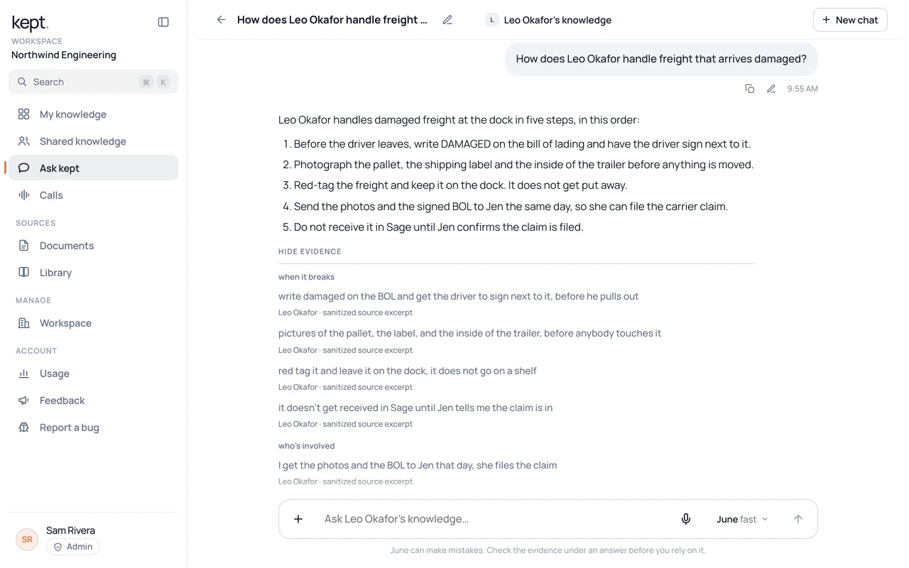 Ask kept answering from Leo Okafor's knowledge with five steps for damaged freight and his cited words underneath.