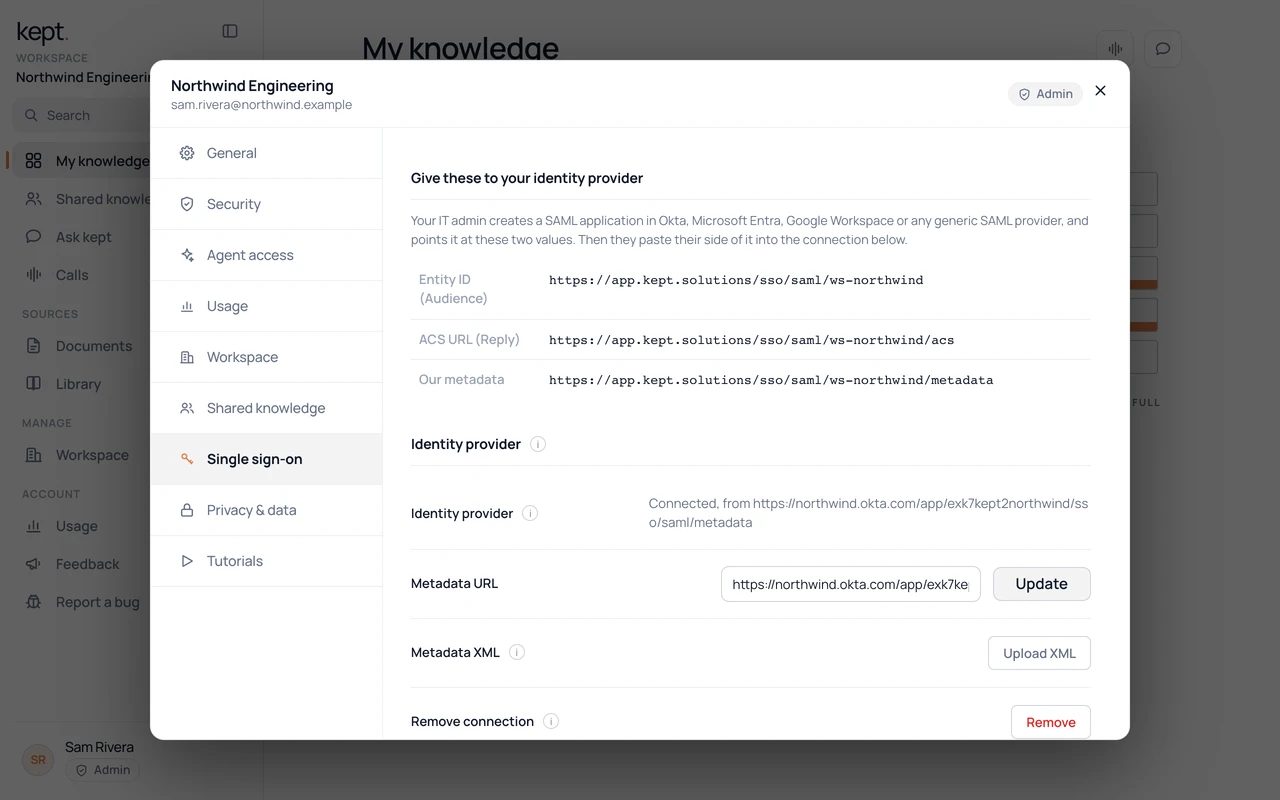 Single sign-on settings in Kept, with a connected identity provider.